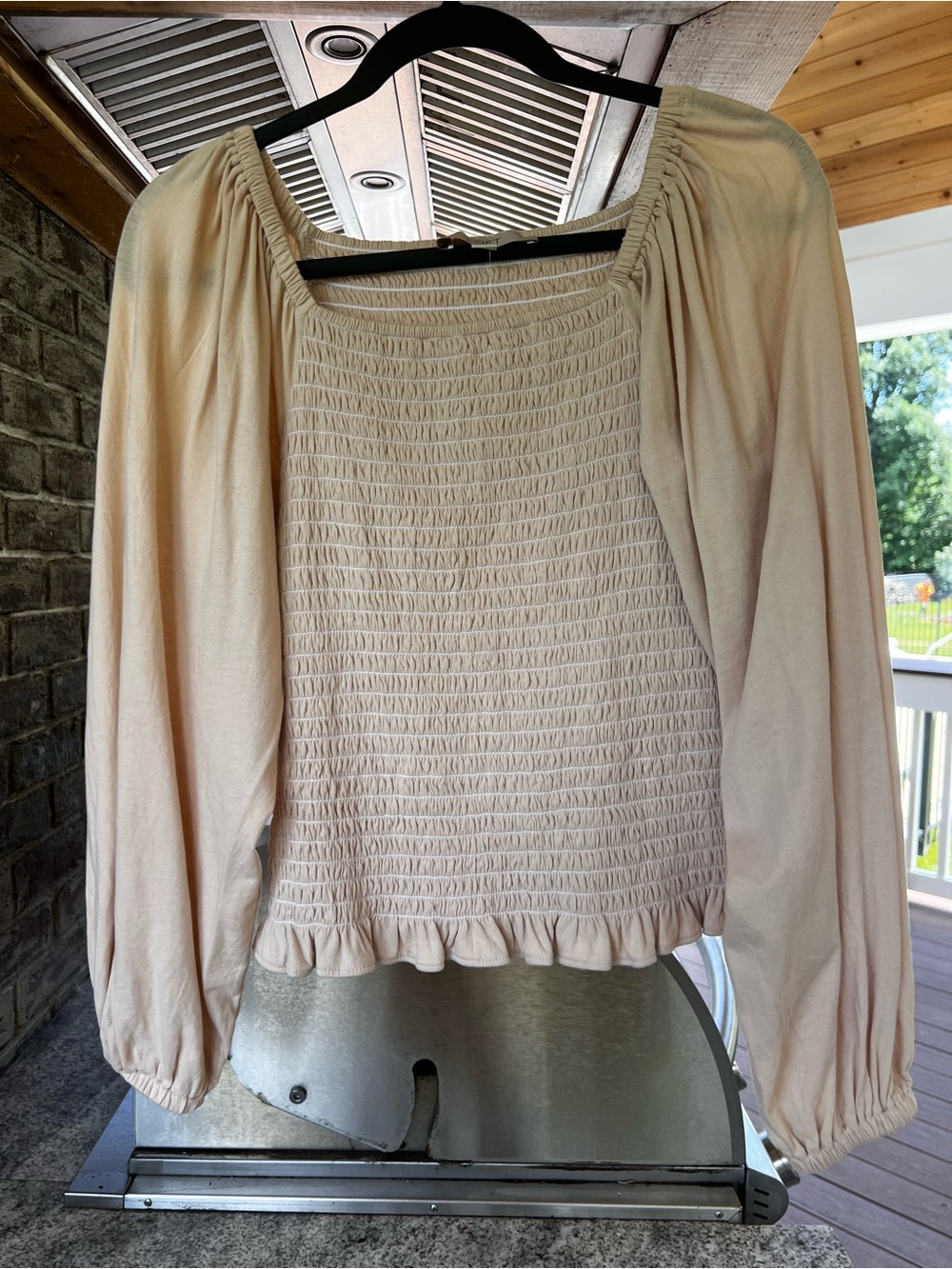 LOFT Cream Smocked Square-Neck Long-Sleeve Blouse